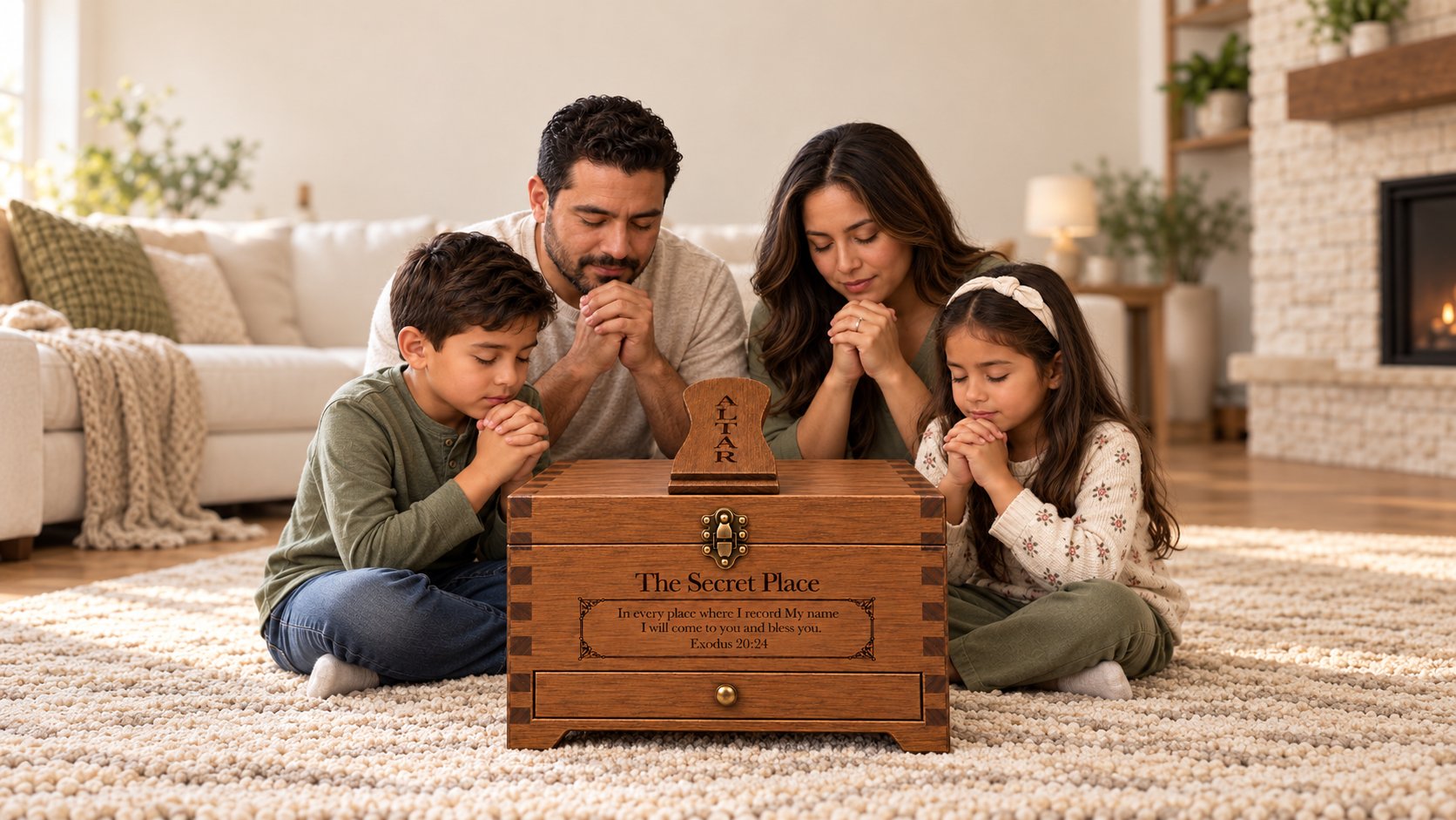 A family praying together at their home altar