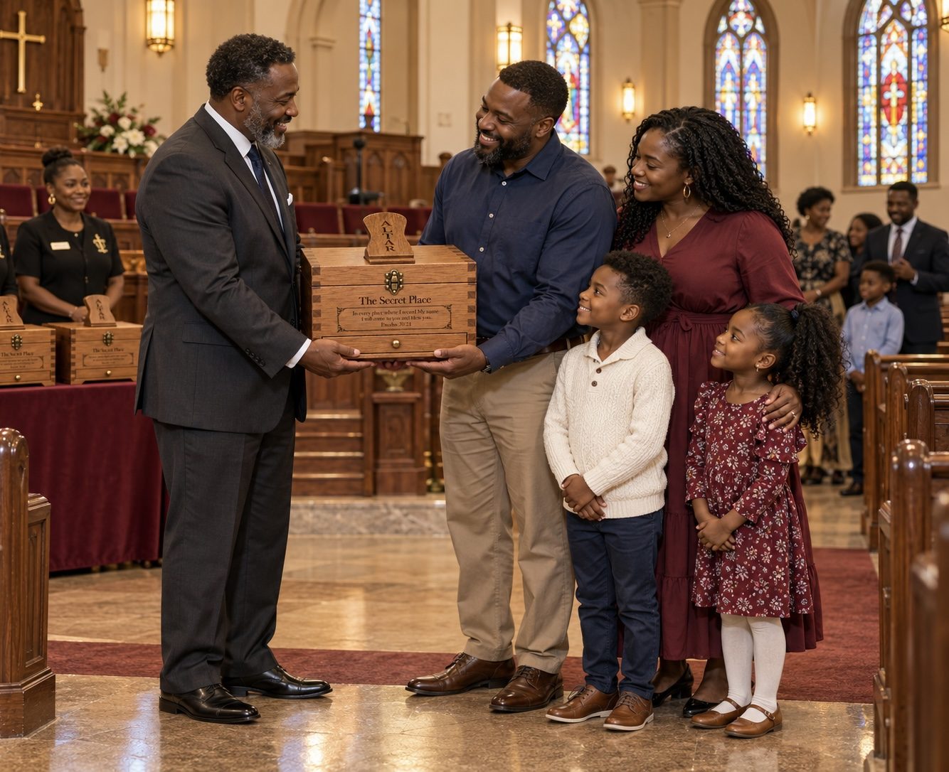 Pastor placing an altar into the hands of a family
