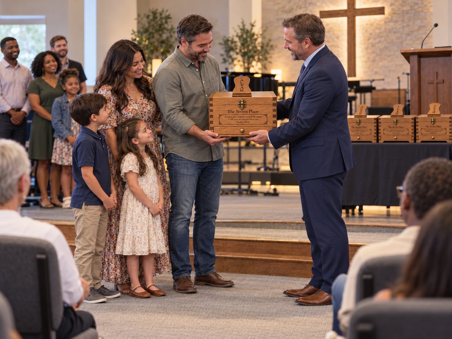 Pastor presenting a family altar to a family