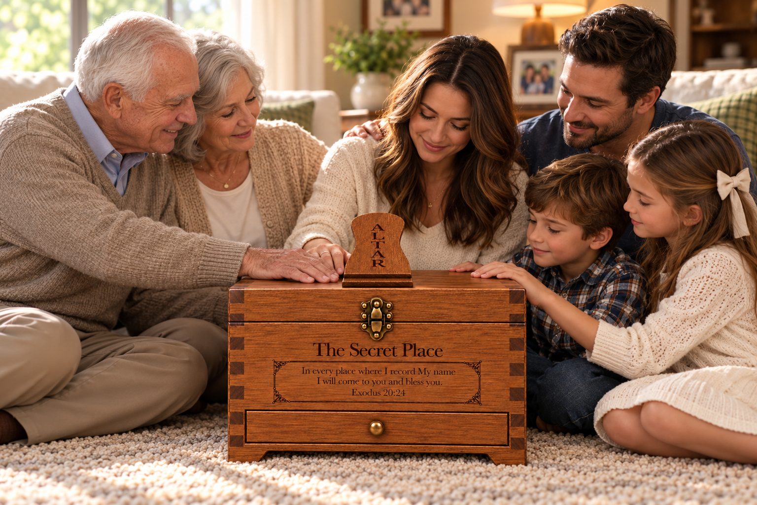 Three generations gathered around a family altar
